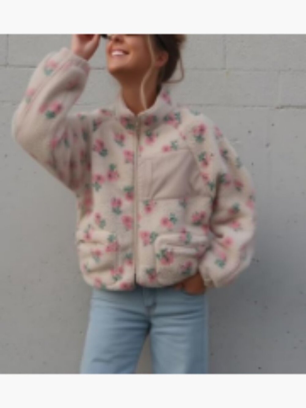 Women's Winter Casual Spliced Floral Fleece Jacket Fuzzy Oversized Faux Fur - Picture 4 of 7